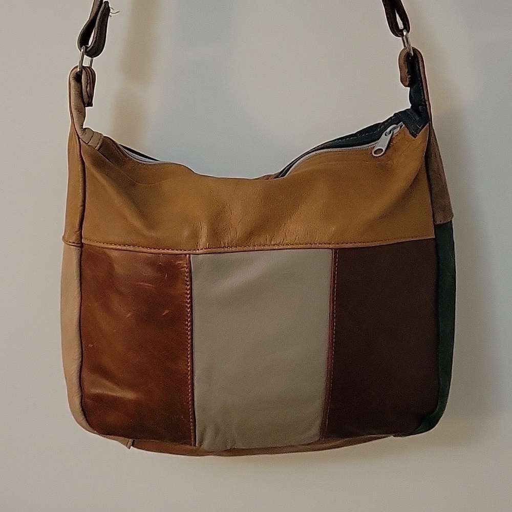 True Vintage 1970s Mexican Leather Colorblock Patchwork Hobo Shoulder Bag - Picture 6 of 12